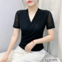 2025,New,Summer,European,Clothes,Mesh,T-Shirt,Chic,Sexy,V-Neck,Draped,Shiny,Beading,Diamonds,Women,Tops,Short Sleeve,Tees,55012