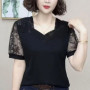 Fashion Simple Irregular Collar Mesh Lace Short Sleeve Elegant T Shirt Patchwork Chic Sexy Tops Women Hollow Out Female Clothes