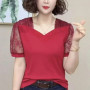 Fashion Simple Irregular Collar Mesh Lace Short Sleeve Elegant T Shirt Patchwork Chic Sexy Tops Women Hollow Out Female Clothes