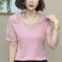 Fashion Simple Irregular Collar Mesh Lace Short Sleeve Elegant T Shirt Patchwork Chic Sexy Tops Women Hollow Out Female Clothes