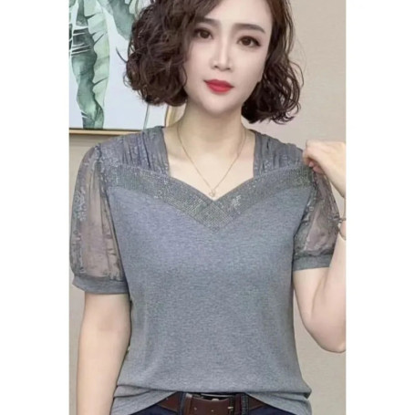 Fashion Simple Irregular Collar Mesh Lace Short Sleeve Elegant T Shirt Patchwork Chic Sexy Tops Women Hollow Out Female Clothes