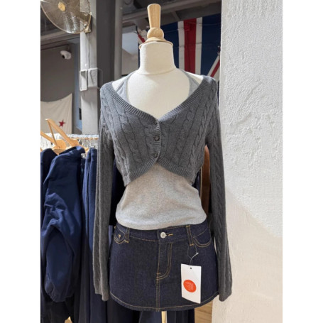 Twisted Flower Cropped Sweater Cardigan Woman Spring V-neck Single Breasted Long Sleeve Slim Crop Tops Solid Cotton Knitwear