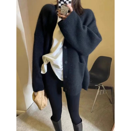 New cashmere cardigan jacket in autumn and winter women's V-neck long knitted sweater loose padded pure sweater