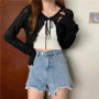 Summer Women Thin Sunscreen Cardigan Lace-up Knitwear Tops Female Korean Style Lantern Sleeve Short Coat Casual Sun Protected