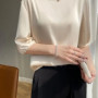 Summer satin Women Blouse Silky Loose Woman Shirt lady's half Sleeve tops Casual solid t-shirt O-Neck pullover women's clothing