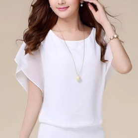 Chiffon Blouse Women Top Solid Color O Neck Loose Pullover Batwing Sleeve Ruffle Shirts Blouse Women's Clothing Casual Summertop