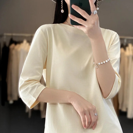 Mercerized Cotton Cropped Sleeve Female Spring And Summer 2023 New Round Neck Loose 100 Cotton Short Sleeve Bottoming T-Shirt