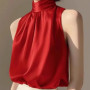 2025 Silkly Satin Sleeveless Crop Top Summer Half Turtleneck Women Pulover Tee Halter Vest Lady Loose Shirts Red party Blouses
