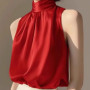 2025 Silkly Satin Sleeveless Crop Top Summer Half Turtleneck Women Pulover Tee Halter Vest Lady Loose Shirts Red party Blouses