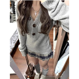 Aoaiiys Sweater Women Gray Long Sleeve Knitted Jumpers Spice Girls Slim Pullover Spring Autumn New Comfortable Casual Sweaters