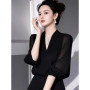 Vintage Women's Blouses Chiffon Shirts Fashion Slim Summer V-Neck Korean Clothing Short Sleeve Yellow Women Tops