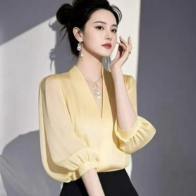 Vintage Women's Blouses Chiffon Shirts Fashion Slim Summer V-Neck Korean Clothing Short Sleeve Yellow Women Tops