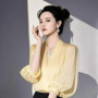 Vintage Women's Blouses Chiffon Shirts Fashion Slim Summer V-Neck Korean Clothing Short Sleeve Yellow Women Tops