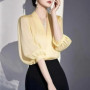 Vintage Women's Blouses Chiffon Shirts Fashion Slim Summer V-Neck Korean Clothing Short Sleeve Yellow Women Tops