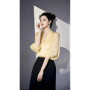Vintage Women's Blouses Chiffon Shirts Fashion Slim Summer V-Neck Korean Clothing Short Sleeve Yellow Women Tops