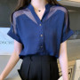 Spring Autumn Casual Fashion Mesh Patchwork Short Sleeve Shirt Lady Solid Color V-neck Chiffon Blouse Women Elegant Buttons Top