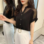 Spring Autumn Casual Fashion Mesh Patchwork Short Sleeve Shirt Lady Solid Color V-neck Chiffon Blouse Women Elegant Buttons Top