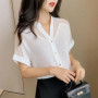 Spring Autumn Casual Fashion Mesh Patchwork Short Sleeve Shirt Lady Solid Color V-neck Chiffon Blouse Women Elegant Buttons Top