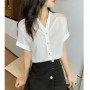 Spring Autumn Casual Fashion Mesh Patchwork Short Sleeve Shirt Lady Solid Color V-neck Chiffon Blouse Women Elegant Buttons Top