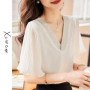 V-neck thin short-sleeve chiffon blouse for women summer new small designer T-shirt top