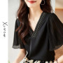 V-neck thin short-sleeve chiffon blouse for women summer new small designer T-shirt top