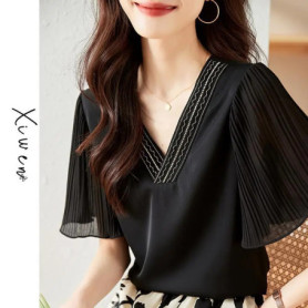 V-neck thin short-sleeve chiffon blouse for women summer new small designer T-shirt top