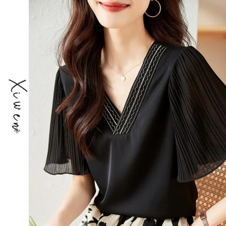 V-neck thin short-sleeve chiffon blouse for women summer new small designer T-shirt top