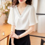 V-neck thin short-sleeve chiffon blouse for women summer new small designer T-shirt top