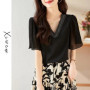 V-neck thin short-sleeve chiffon blouse for women summer new small designer T-shirt top