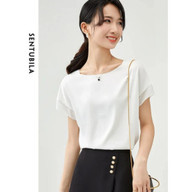 SENTUBILA Elegant Chiffon Blouse Women 2026 Summer Patchwork Short Sleeve O-Neck Simple Loose Straight Chiffon Tops 162VA6570X