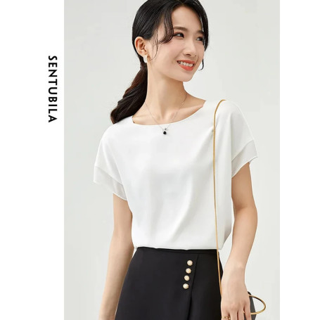SENTUBILA Elegant Chiffon Blouse Women 2026 Summer Patchwork Short Sleeve O-Neck Simple Loose Straight Chiffon Tops 162VA6570X