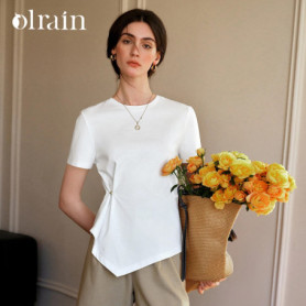 OLrain Women 100 Cotton Knitting Tees 2025 Summer Irregular Design Sense White Short Sleeve T-Shirt Fashion Slim Top O57XT96309