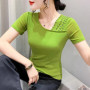 2023 New Summer European Clothes Mesh T-Shirt Women's Chic Sexy Skew Collar Shiny Rivet Tops Short Sleeve All Match Tees 34282