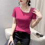 2023 New Summer European Clothes Mesh T-Shirt Women's Chic Sexy Skew Collar Shiny Rivet Tops Short Sleeve All Match Tees 34282