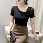 2023 New Summer European Clothes Mesh T-Shirt Women's Chic Sexy Skew Collar Shiny Rivet Tops Short Sleeve All Match Tees 34282