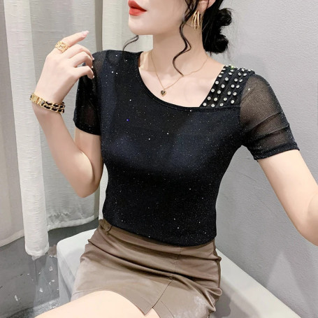 2023 New Summer European Clothes Mesh T-Shirt Women's Chic Sexy Skew Collar Shiny Rivet Tops Short Sleeve All Match Tees 34282