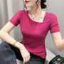 2023 New Summer European Clothes Mesh T-Shirt Women's Chic Sexy Skew Collar Shiny Rivet Tops Short Sleeve All Match Tees 34282