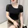 2023 New Summer European Clothes Mesh T-Shirt Women's Chic Sexy Skew Collar Shiny Rivet Tops Short Sleeve All Match Tees 34282