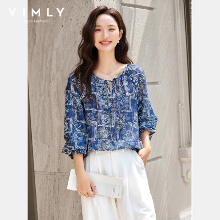VIMLY Women Long Sleeve Navy Blue Blouse 2026 New Autumn Indie Folk Style Female Shirts Crew Neck Chiffion Ladies Blouse A2827