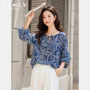 VIMLY Women Long Sleeve Navy Blue Blouse 2026 New Autumn Indie Folk Style Female Shirts Crew Neck Chiffion Ladies Blouse A2827