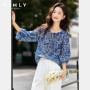 VIMLY Women Long Sleeve Navy Blue Blouse 2026 New Autumn Indie Folk Style Female Shirts Crew Neck Chiffion Ladies Blouse A2827