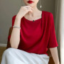 Fashion Casual Loose Ladies Solid Color Silk Short Sleeve T-Shirt Simplicity Elegant Trend Temperament Pullovers O-neck