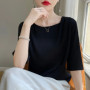 Fashion Casual Loose Ladies Solid Color Silk Short Sleeve T-Shirt Simplicity Elegant Trend Temperament Pullovers O-neck
