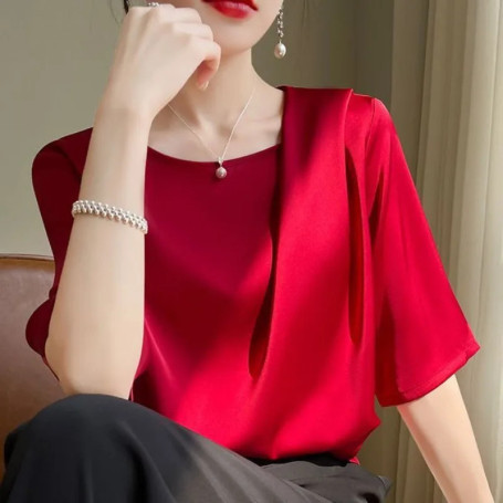 Fashion Casual Loose Ladies Solid Color Silk Short Sleeve T-Shirt Simplicity Elegant Trend Temperament Pullovers O-neck
