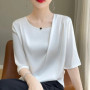 Fashion Casual Loose Ladies Solid Color Silk Short Sleeve T-Shirt Simplicity Elegant Trend Temperament Pullovers O-neck