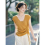 Ice Silk Short-sleeved T-shirt Women's 2025 New Summer Hot Style Beautiful Drawstring Knit Top