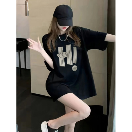 Korean Fashion Women T-shirt Simple Letter H Printed Tees Summer O-Neck Loose Tops Street Casual Female Clothes