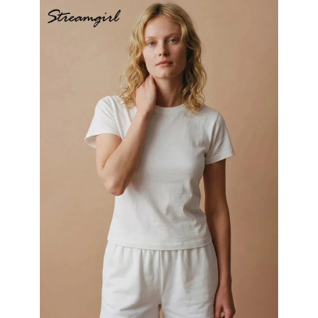 Basic T Shirts Women Cotton Slim Fit White Tops Summer Black Tees Crew Neck 100 Cotton T Shirt For Women Plain T-shirts Soft