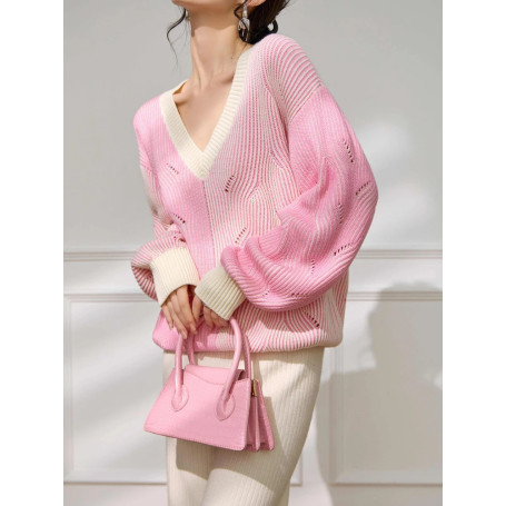Women Pink V-Neck Knitted Pullover Sweater with Contrast Ribbed Cuffs Loose Fit Lightweight Top for Autumn Spring