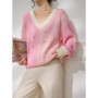 Women Pink V-Neck Knitted Pullover Sweater with Contrast Ribbed Cuffs Loose Fit Lightweight Top for Autumn Spring